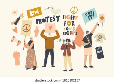 Protesting People with Placards and Signboard on Strike or Demonstration, Male, Female Activist Characters with Banners Protest for Love and Peace on Riot, Picket. Linear People Vector Illustration