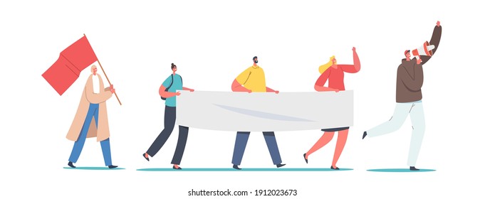 Protesting People with Placards and Signboard on Revolution Strike or Demonstration, Activist Characters with Banners and Signs Against War, Protest, Riot, Picket Movement. Cartoon Vector Illustration
