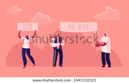 Protesting People with Placards and Signboard on Strike or Demonstration, Male, Female Activist Characters with Banners and Signs Against War, Protest, Riot, Picket. Cartoon Flat Vector Illustration