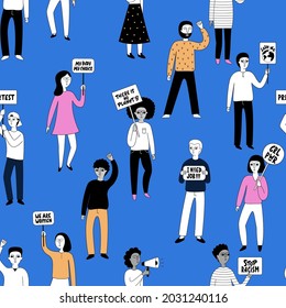 Protesting People With Placards, Signs And A Megaphone In Their Hands, Seamless Pattern. Vector Illustration Of Protesters Against Feminism, Anti-racism, Human Rights, Climate Change And More.