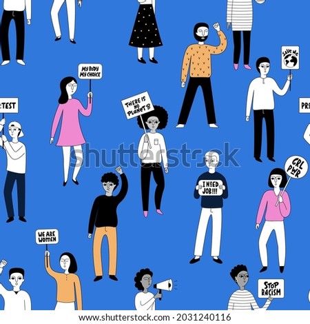 Protesting people with placards, signs and a megaphone in their hands, seamless pattern. Vector illustration of protesters against feminism, anti-racism, human rights, climate change and more.