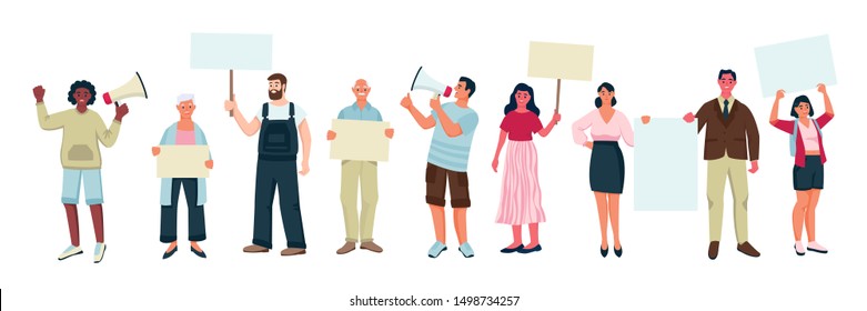 Gente protestando con afiches, banderas, altavoces, aislados de fondo blanco. Dibujo vectorial de activistas políticos, manifestantes en manifestación. Concepto de lucha por los derechos