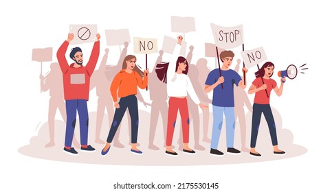Protesting people at a rally, parade or political meeting. A crowd of angry people with placards and a megaphone is protesting. Protest. Flat vector illustration.