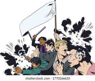 Protesting people. Riots in street. Stock illustration.