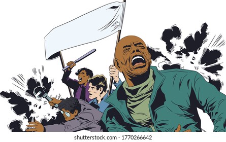 Protesting people. Riots in street. Stock illustration.