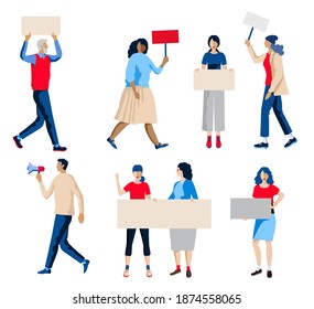 Protesting people set. People hold banners. Activists with placards, peaceful rights protest, manifestation, men and women parade participation vector illustration set. Parade rights, picket, strike. 