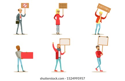 Protesting People Set, Men and Women Holding Blank Banners, Manifesting Activists Taking Part in Political Meeting, Parade Vector Illustration