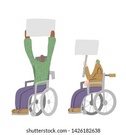Protesting people sitting at the wheelchairs with sign boards. Young persons holding clear placards. Human characters take part of rally, parade. Vector illustration.