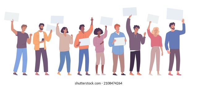 Protesting people standing with empty posters. Vector flat characters illustration