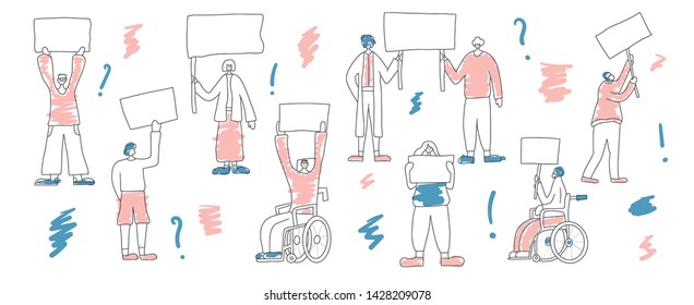 Protesting people standing together with sign boards. Young persons holding clear placards. Human characters take part of rally, parade. Vector illustration.