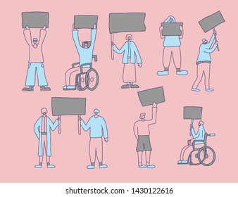 Protesting people standing together with sign boards. Young persons holding clear placards. Human characters take part of rally, parade. Vector illustration.