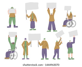 Protesting people standing together with sign boards. Young persons holding clear placards. Human characters take part of rally, parade. Vector illustration.