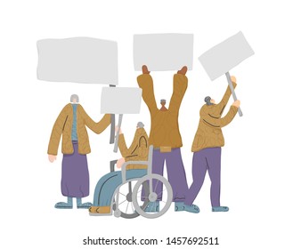 Protesting people standing together with sign boards. Young persons holding clear placards. Human characters take part of rally, parade. Vector illustration.