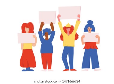 Protesting people standing together with sign boards. Young women holding blanks of banners and placards. Ladies take part of rally, parade. Vector illustration.