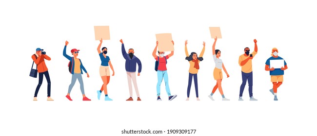 Protesting people-activists at the rally with placards and masks. The protest movement on the picket against the violation of human rights. Cartoon characters vector illustration isolated on a white.