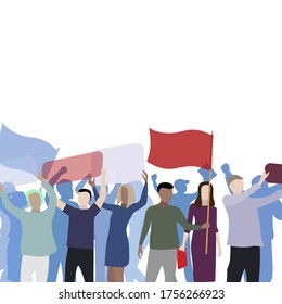 Protesting poster color with crowd, concert and demonstration, crowdy activist cheerful, vector illustration