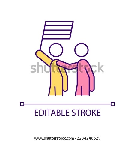 Protesting RGB color icon. Fighting for rights and justice. Minority struggle. Holding flag. Isolated vector illustration. Simple filled line drawing. Editable stroke. Arial font used