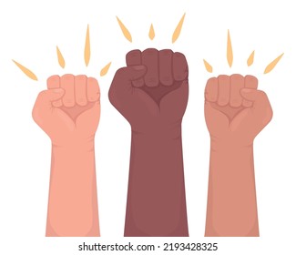 Protesting semi flat color vector hand gesture. Editable pose. Human body part on white. Fighting for human rights cartoon style illustration for web graphic design, animation, sticker pack