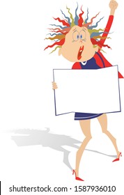 Protesting and shouting woman holds a placard and raises fist up illustration. Screaming young woman with banner and raised fist demands justice, rights and job isolated on white

