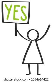 Protesting stick figure, woman holding up board saying YES isolated on white background