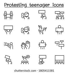 Protesting Teenager icon set in thin line style