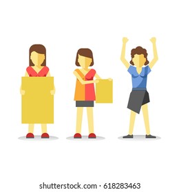 Protesting woman holding empty yellow banner above head isolated