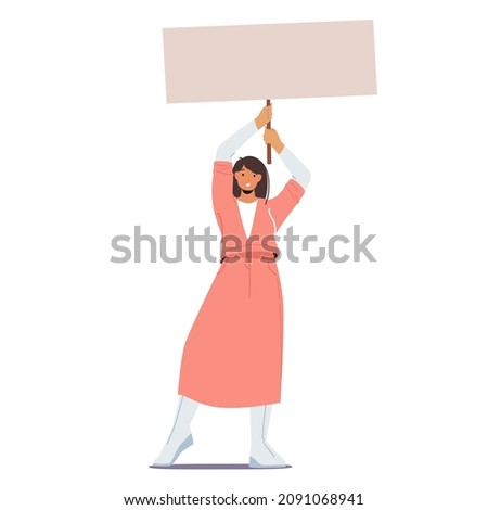 Protesting Woman with Placard on Strike or Demonstration, Female Activist Character with Banner and Sign Against War, Protest, Riot, Picket Isolated on White Background. Cartoon Vector Illustration