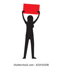 Protesting woman silhouette with billboard in raised hands isolated on white. Vector illustration of striking girl, female icon at demonstrator, unemployment concept, anonymous demonstrator