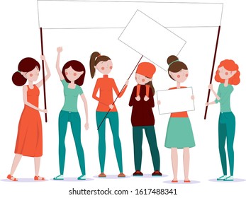 Protesting womans standing together with sign boards. 