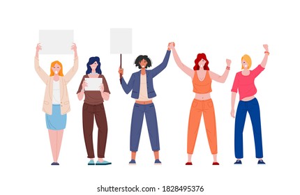 Protesting women with blank placards and raised fists isolated on white background. Group of feminist protesters activists fighting for gender equality and rights. Flat cartoon vector illustration.