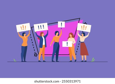 Protesting women fighting for rights. Group of female activists and protesters holding and raising banners and placards. Can be used for girl power, empowerment, feminists concepts