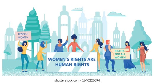 Protesting Women Group with Placard for Rights Cartoon. Women Empowerment Movement. International Female Day. March for Rights. Struggle for Freedom, Independence, Equality. Vector Flat illustration