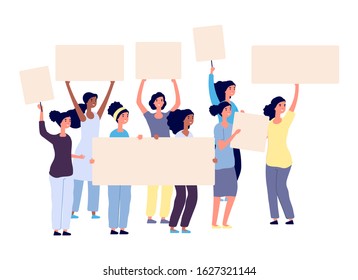 Protesting women. International female characters with placards. Isolated active girls power, feminism vector illustration