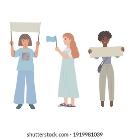 Protesting women with placards and flags in hands