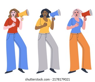 protesting women. a set of three women of different nationality and skin color. Speaker into a bullhorn. flat vector illustration, eps10