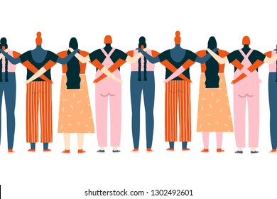 Protesting women staring together for women rights illustration. Feminism and women rights concept poster or card