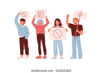 Protesting young people, holding banners and placards. Flat vector illustration
