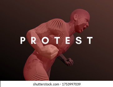 Protestor. Angry Man Shouting. 3D Model Of Man. Vector Illustration. 