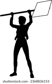 Protestor or demonstrator at a demonstration march, picket line or strike protest rally in silhouette. Holding up a banner or picket sign board placard.
