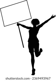 Protestor or demonstrator at a demonstration march, picket line or strike protest rally in silhouette. Holding up a banner or picket sign board placard.