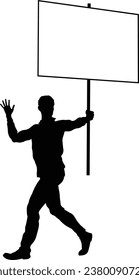 Protestor or demonstrator at a demonstration march, picket line or strike protest rally in silhouette. Holding up a banner or picket sign board placard.