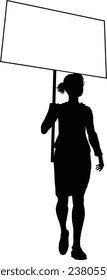 Protestor or demonstrator at a demonstration march, picket line or strike protest rally in silhouette. Holding up a banner or picket sign board placard.