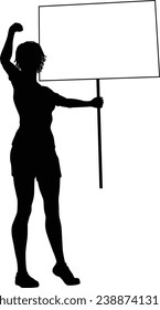 Protestor or demonstrator at a demonstration march, picket line or strike protest rally in silhouette. Holding up a banner or picket sign board placard.