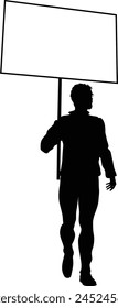Protestor or demonstrator at a demonstration march, picket line or strike protest rally in silhouette. Holding up a banner or picket sign board placard.