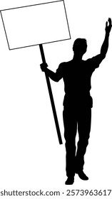 Protestor or demonstrator at a demonstration march, picket line or strike protest rally in silhouette. Holding up a banner or picket sign board placard.