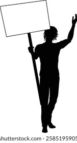 Protestor or demonstrator at a demonstration march, picket line or strike protest rally in silhouette. Holding up a banner or picket sign board placard.