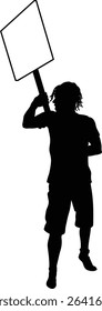 Protestor or demonstrator at a demonstration march, picket line or strike protest rally in silhouette. Holding up a banner or picket sign board placard.