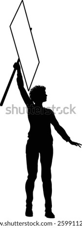 Protestor or demonstrator at a demonstration march, picket line or strike protest rally in silhouette. Holding up a banner or picket sign board placard.