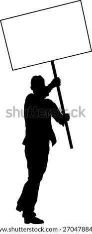 Protestor or demonstrator at a demonstration march, picket line or strike protest rally in silhouette. Holding up a banner or picket sign board placard.