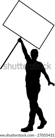 Protestor or demonstrator at a demonstration march, picket line or strike protest rally in silhouette. Holding up a banner or picket sign board placard.